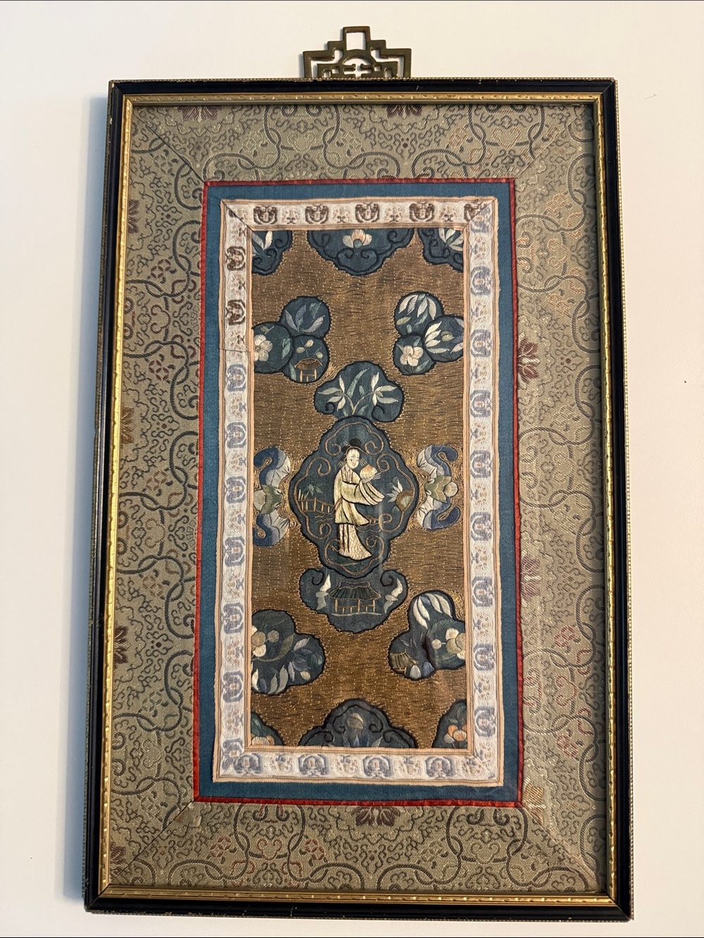 Vintage Chinese Silk Embroidery Framed by Wah Cheong Hong Kong MCM Brass hanger